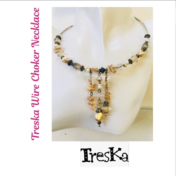 Gently Worn Treska Vintage Wire Choker Necklace with Amber & Black Stones - Picture 1 of 3